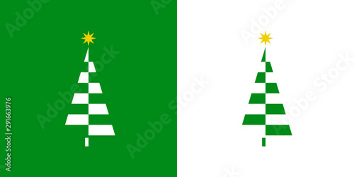 Logotipo con árbol de navidad abstracto triangular con estrella y piezas en horizontal en verde y blanco
