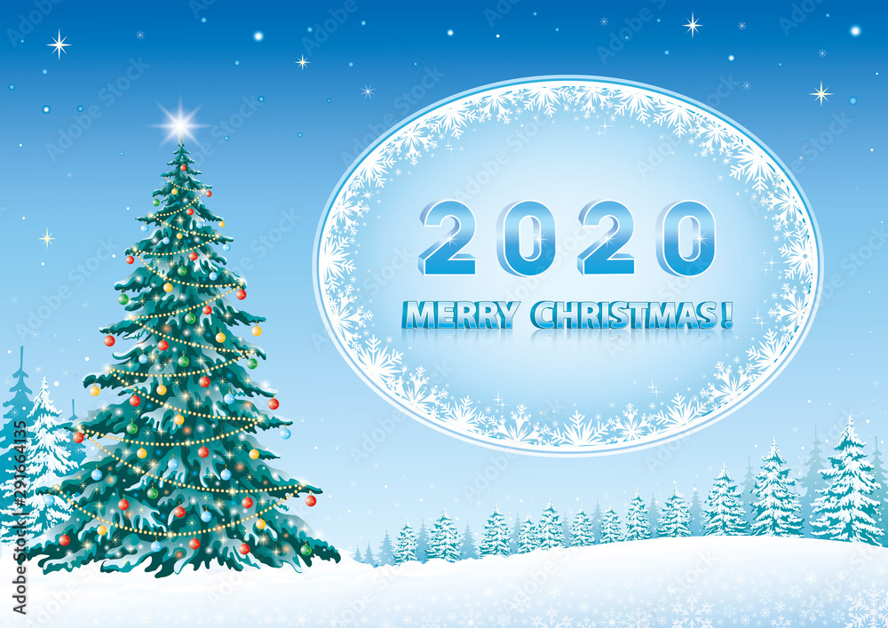 Merry Christmas and Happy New Year 2020. Vector design of a Christmas tree on a beautiful winter landscape against the background of the starry sky in 3D image in an oval with snowflakes