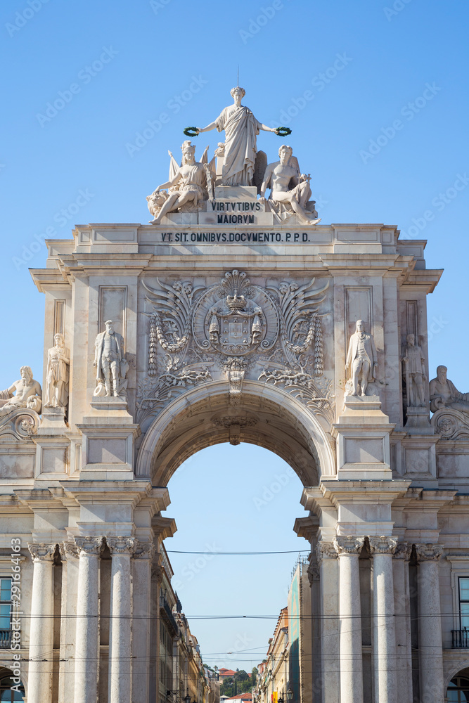 The 18th century Arco da Rua Augusta, triumphal arch gateway, in Baixa district in Lisbon, Portugal, on a sunny day. The 18th century Arco da Rua Augusta, triumphal arch gateway, in Baixa district in Lisbon, Portugal, on a sunny day.