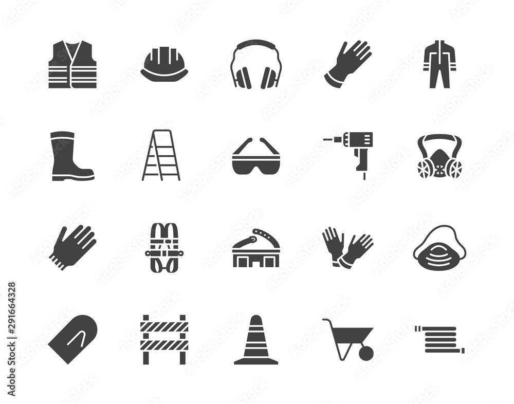 Safety equipment, required PPE flat silhouette icons set. Protective