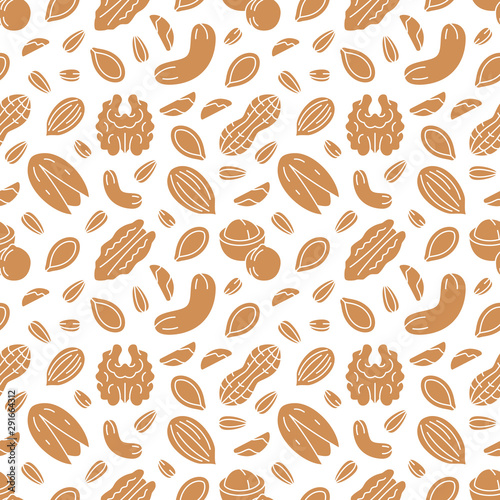 Nut seamless pattern with flat silhouette icons. Vector background of dry nuts and seeds - almond, cashew, peanut, walnut, pistachio. Food texture for grocery shop, brown white color