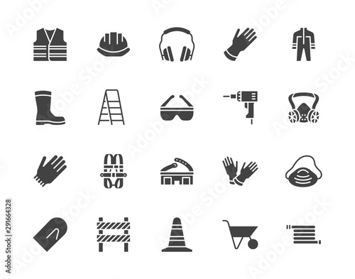 Safety equipment, required PPE flat silhouette icons set. Protective gloves builder helmet respirator, harness vector illustrations. Glyph signs personal protection. Pixel perfect pictograms