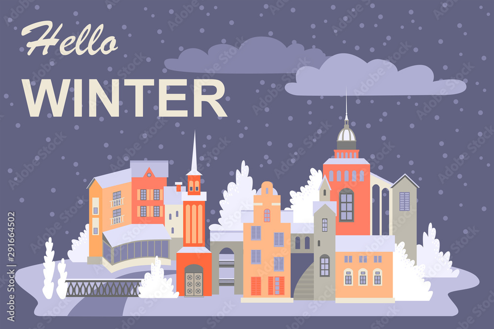 Vector illustration of a fabulous winter cityscape.