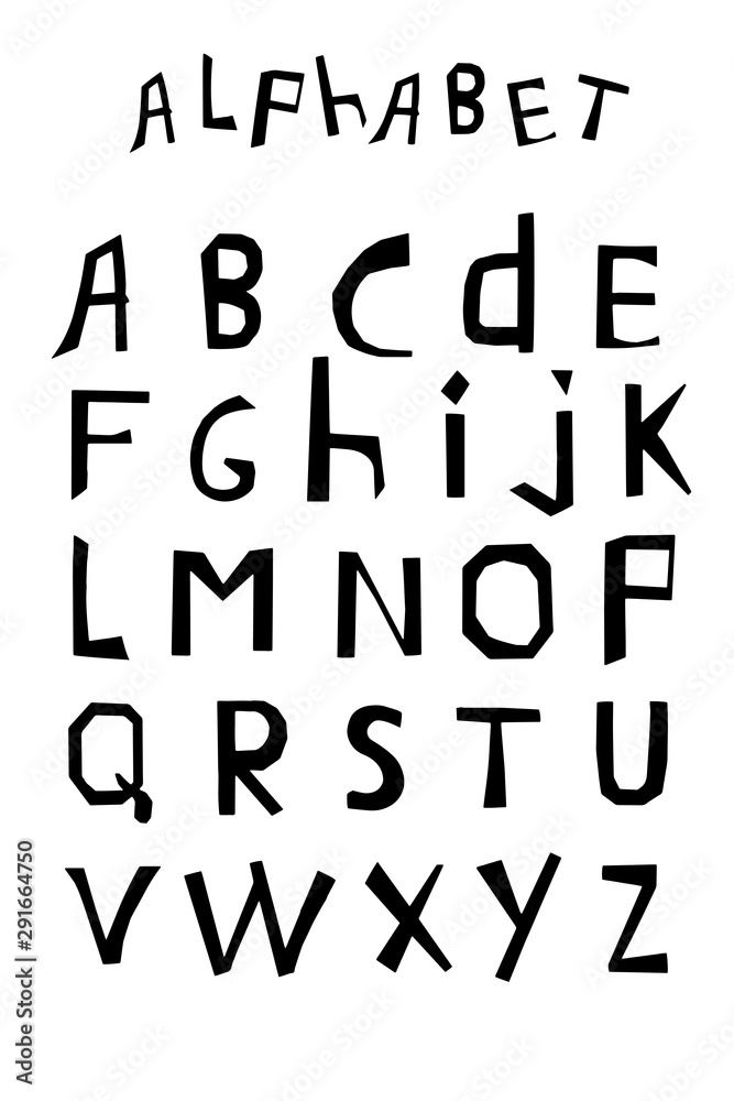 English alphabet with paper cut out letters collage. Vector cartoon illustration. Pixelated symbols for the design of books, banners, templates, scrapbooking, baby products. English alphabet with paper cut out letters collage. Vector cartoon illustration. Pixelated symbols for the design of books, banners, templates, scrapbooking, baby products.
