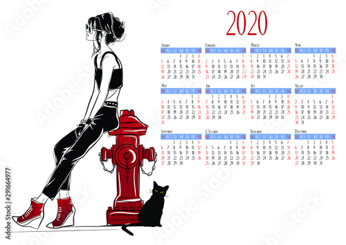 Calendar 2020 with fashion woman in sketch style