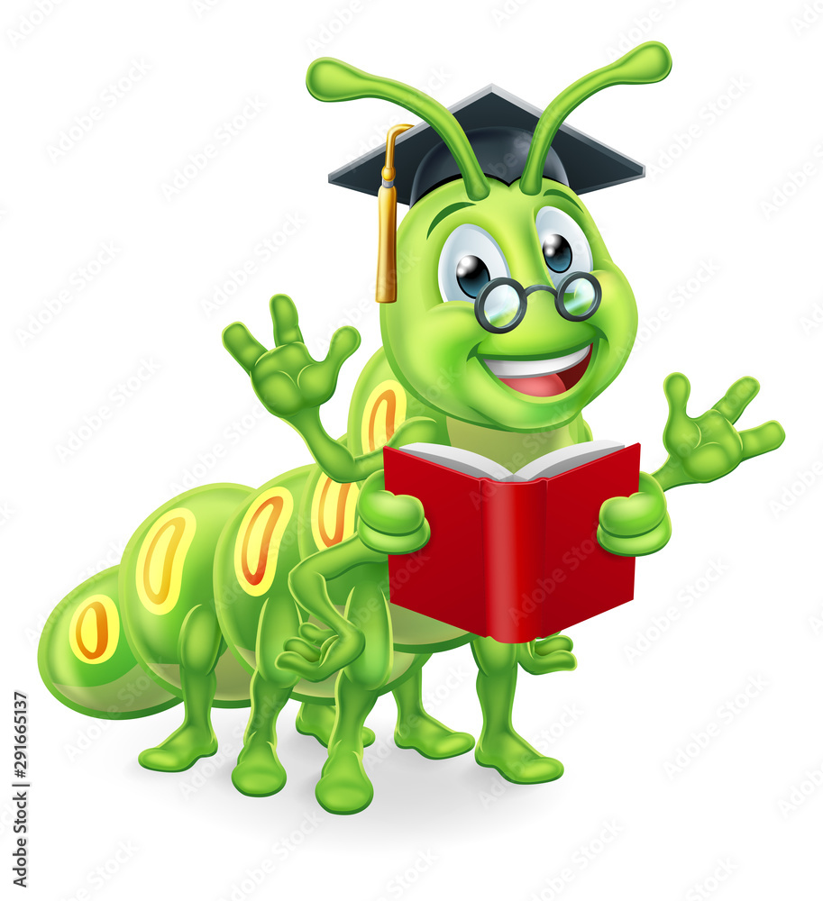 A clever teacher or professor bookworm caterpillar worm cartoon character  education mascot wearing graduation mortar board hat and glasses and  reading a book Stock Vector | Adobe Stock