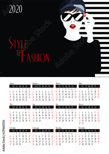 Calendar 2020 with fashion woman in style Pop art