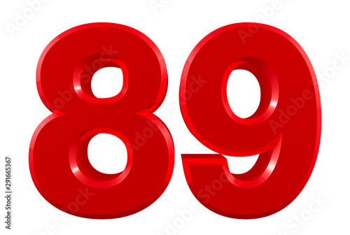 Red numbers 89 on white background illustration 3D rendering