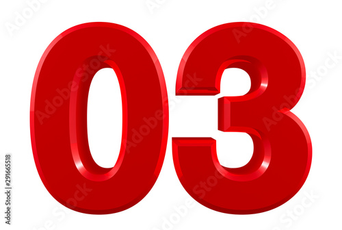 Red numbers 03 on white background illustration 3D rendering