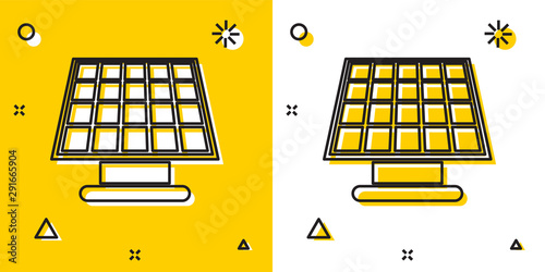 Black Solar energy panel icon isolated on yellow and white background. Random dynamic shapes. Vector Illustration
