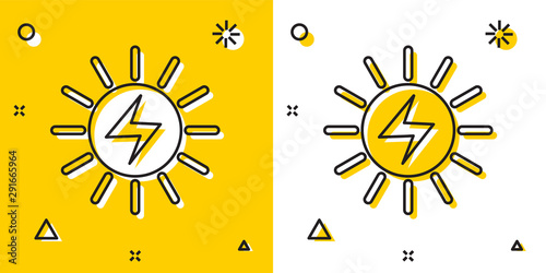 Black Solar energy panel icon isolated on yellow and white background. Random dynamic shapes. Vector Illustration