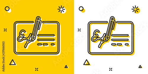 Black Signed document line icon isolated on yellow and white background. Pen signing a contract with signature. Edit document sign. Random dynamic shapes. Vector Illustration