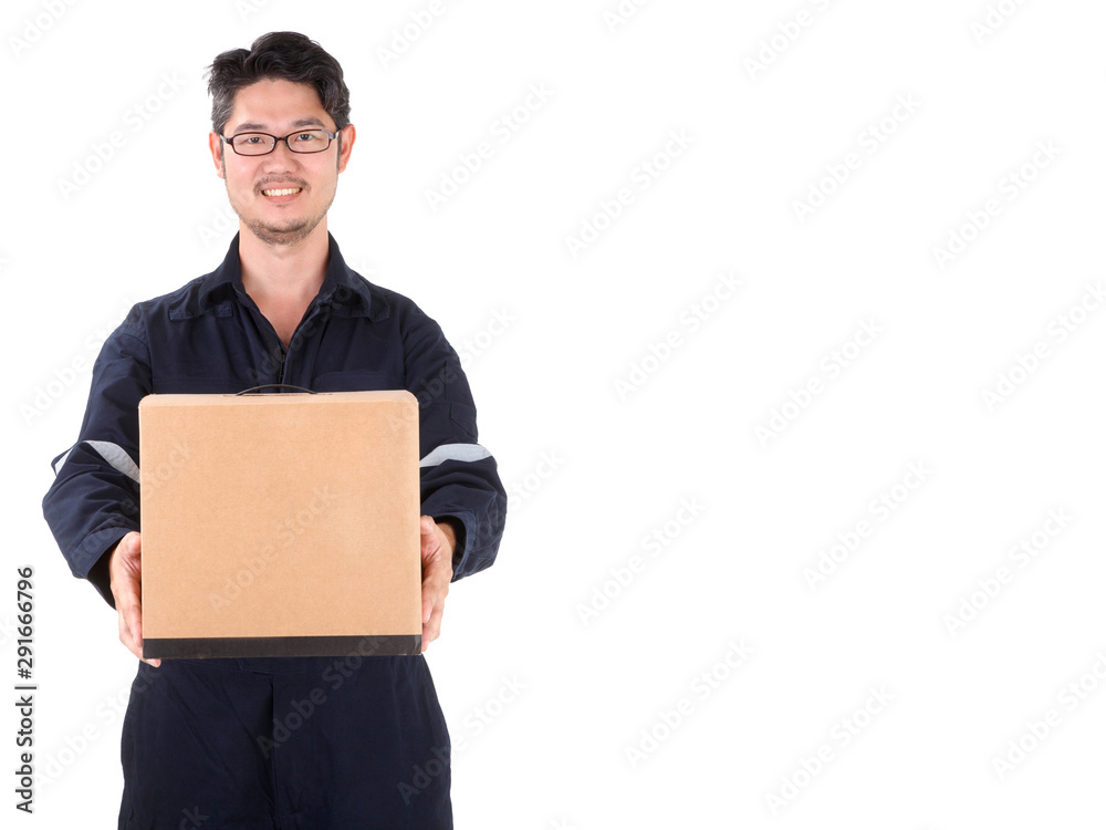 Asian Delivery Person or postman with parcel box in blue Suit. Postal delivery service. White Background. ISOLATED COPY SPACE . Asian Delivery Person or postman with parcel box in blue Suit. Postal delivery service. White Background. ISOLATED COPY SPACE .