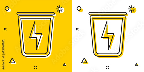 Black Lightning with trash can icon isolated on yellow and white background. Waste to energy. Garbage bin sign. Recycle basket sign. Random dynamic shapes. Vector Illustration