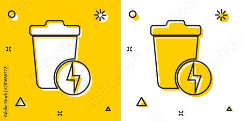 Black Lightning with trash can icon isolated on yellow and white background. Waste to energy. Garbage bin sign. Recycle basket sign. Random dynamic shapes. Vector Illustration