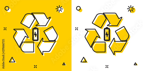 Black Battery with recycle symbol line icon isolated on yellow and white background. Battery with recycling symbol - renewable energy concept. Random dynamic shapes. Vector Illustration