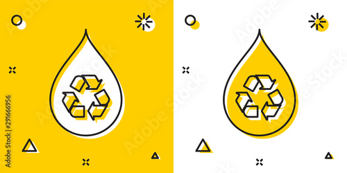 Black Recycle clean aqua icon isolated on yellow and white background. Drop of water with sign recycling. Random dynamic shapes. Vector Illustration photo