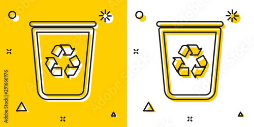 Black Recycle bin with recycle symbol icon isolated on yellow and white background. Trash can icon. Garbage bin sign. Recycle basket sign. Random dynamic shapes. Vector Illustration