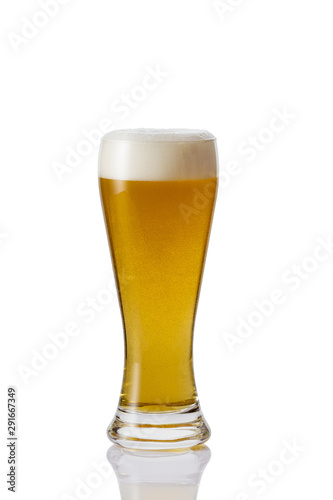 Perfect glass of beer with foam on white background