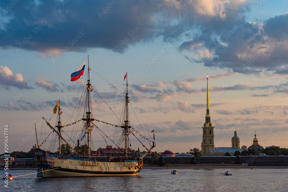 Saint Petersburg. Russia. Peter and Paul Fortress in Russia. A ship in the waters of the Neva. Neva Embankment in Petersburg. Sights of St. Petersburg. Dost Travels in Russia. Peter and Paul Fort.
