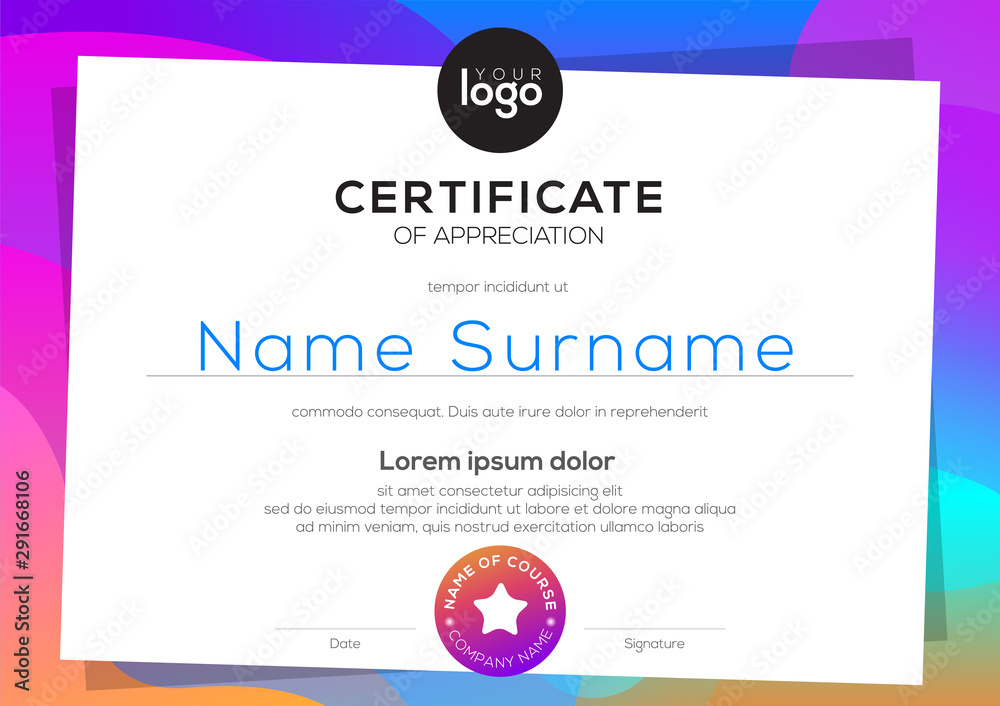 Modern certificate of appreciation template. blank award diploma with colorful vibrant gradient background