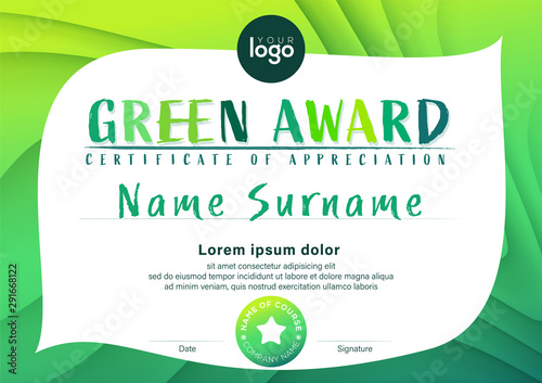 Modern environmental concept certificate of appreciation template. Green award diploma with abstract leaf background