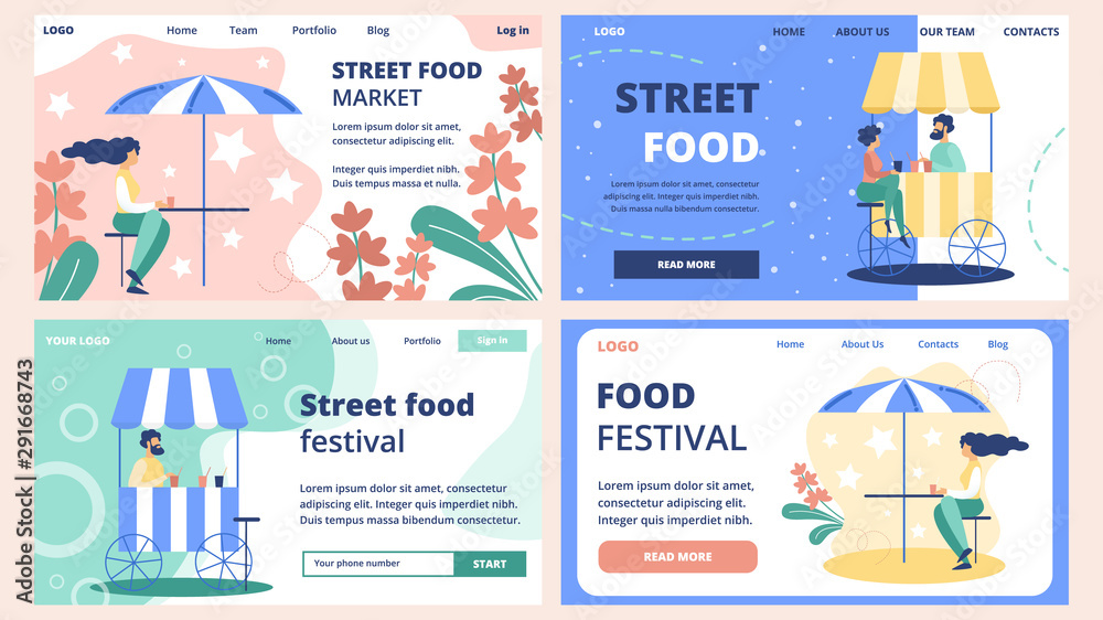Naklejka premium Street Food Market Vector Website Templates Set