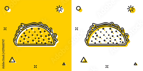Black Taco with tortilla icon isolated on yellow and white background. Traditional mexican fast food. Random dynamic shapes. Vector Illustration