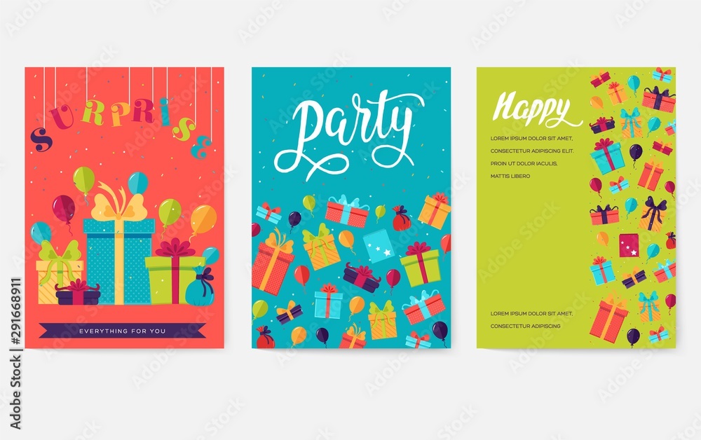 Gift information cards set. Surprise template of flyear, magazines, posters, book cover, banners. Box infographic concept background. Layout illustrations modern pages with typography text