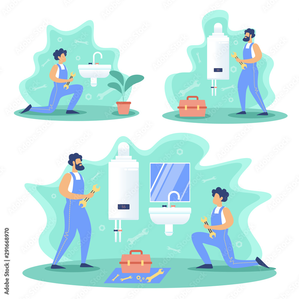 Plumbing Service Works Flat Vector Concepts Set Plumbing Service Works Flat Vector Concepts Set