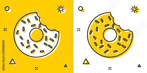 Black Donut with sweet glaze icon isolated on yellow and white background. Random dynamic shapes. Vector Illustration
