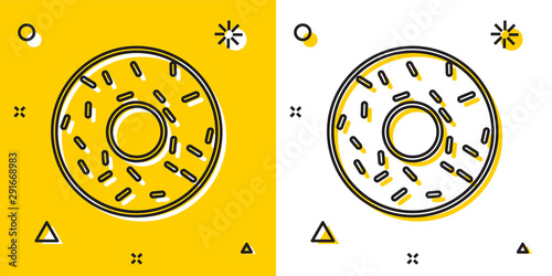 Black Donut with sweet glaze icon isolated on yellow and white background. Random dynamic shapes. Vector Illustration