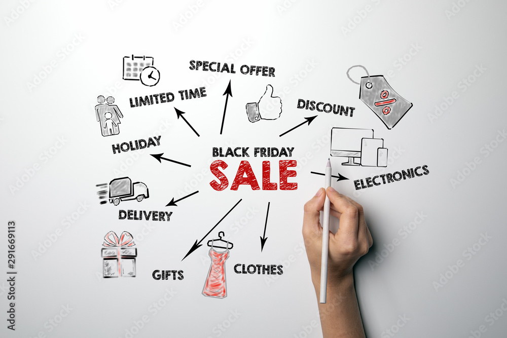Black Friday Sale concept. Chart with keywords and icons. Woman hand writing with a pen Black Friday Sale concept. Chart with keywords and icons. Woman hand writing with a pen
