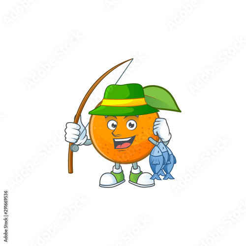 Fishing fresh orange with cartoon mascot shape
