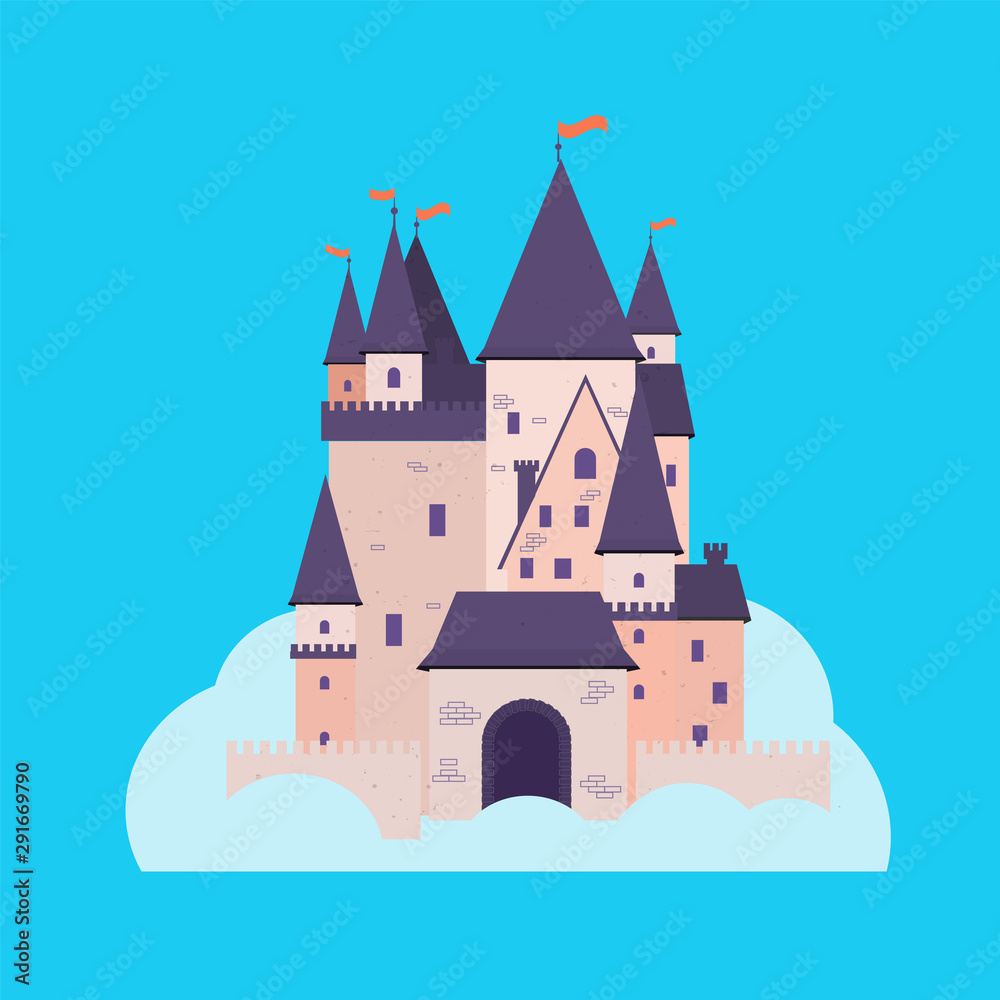 Fairytale castle in sky with clouds. Vector flat illustration ith palace,tower and flag.