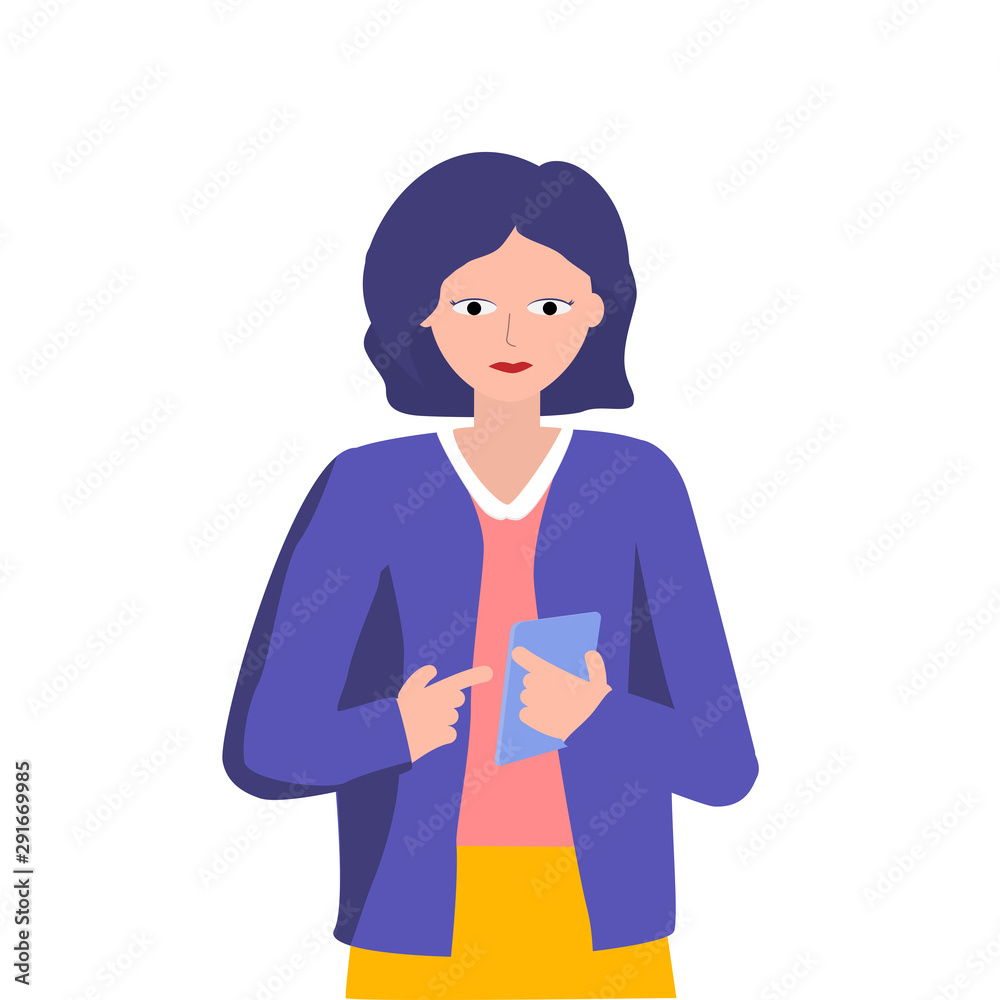 Confused woman using smartphone. Girl ununderstand how use new application on her smartphone or tablet. Vector illustration on white background. Confused woman using smartphone. Girl ununderstand how use new application on her smartphone or tablet. Vector illustration on white background.