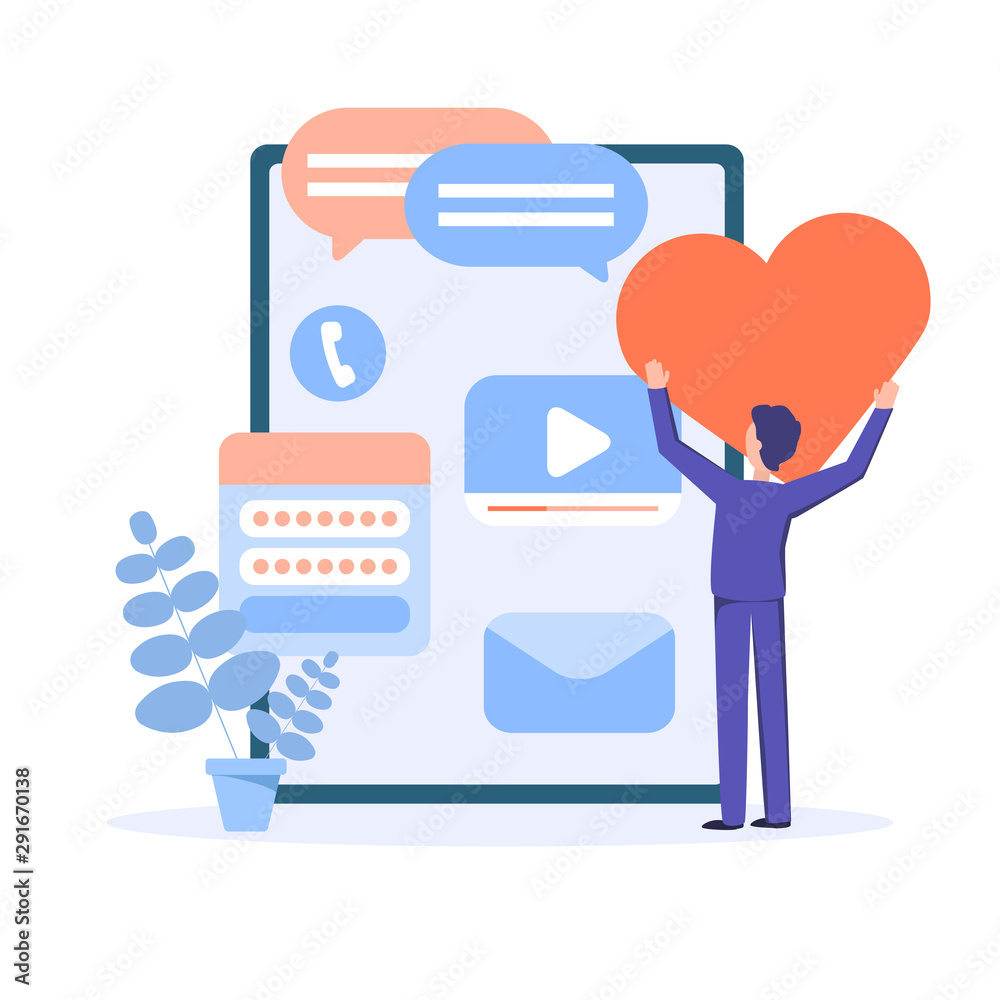 Giving likes. Satisfied customer using, testing new app. Man holding a heard. Vector concept illustration. Giving likes. Satisfied customer using, testing new app. Man holding a heard. Vector concept illustration.