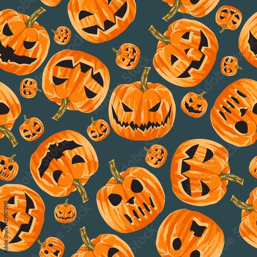 Seamless pattern of scary big-eyed and toothy pumpkins.