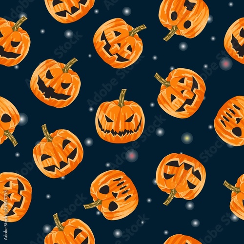 Seamless pattern of scary big-eyed and toothy pumpkins.