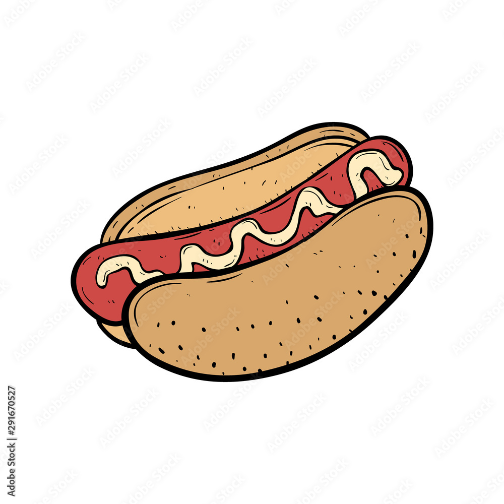 Hot Dog With Mayonnaise Using Doodle or Sketchy Style on White Background Hot Dog With Mayonnaise Using Doodle or Sketchy Style on White Background