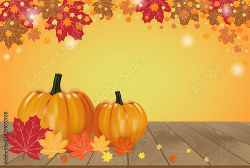 Happy Thanksgiving Day celebration card with pumpkins andorange maple autumn leaves on wooden vector background photo