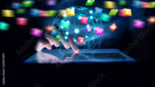 Hand using digital tablet connecting, Social media concept.