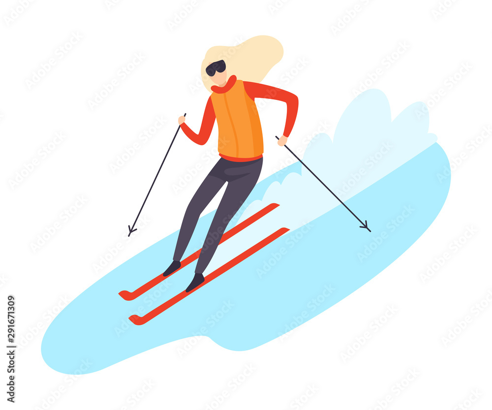 Women skiing down the hill flat vector illustration