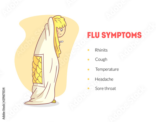 Flu Symptoms Banner Template, Unhealthy Boy Wrapping In a Blanket with Temperature, Headache, Rhinitis Vector Illustration