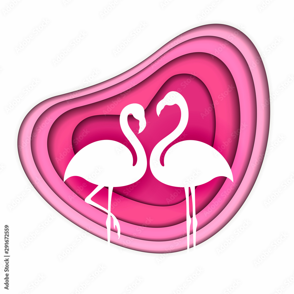 Two silhouettes of flamingos on a pink background in the style of paper art.