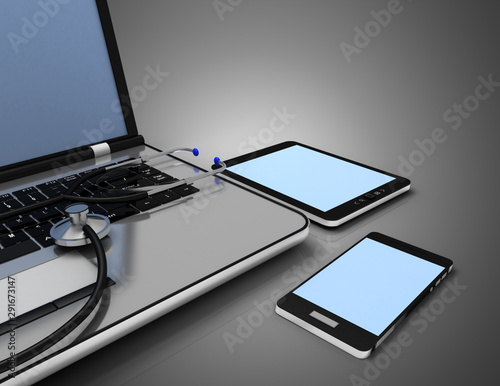 Wallpaper Mural Service for laptop repair. Laptop and stethoscope. 3d illustration Torontodigital.ca