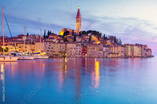 The beautiful Rovinj town and the sea after sunset, in the blue hour with breath taking colors.