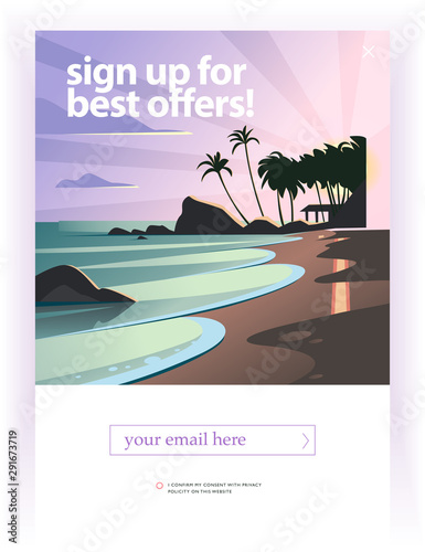 Vector squeeze page design template with beautiful flat seacoast landscape illustration and email text box. Special offer season concept. For traveling firm and agency mailing, discount programs etc.