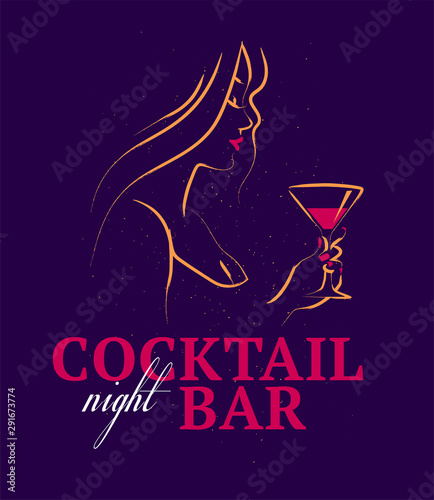 Vector illustration of hand drawn young beautiful lady hold wine glass isolated on dark background. Sketch minimal style. Concept for ladies night party, bar, happy cocktail hour, bar restaurant logo.