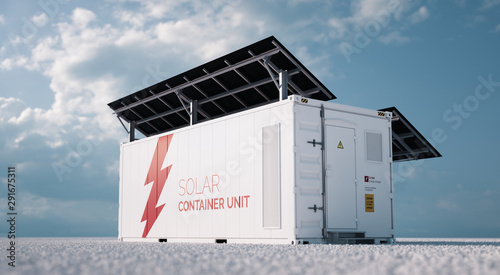 Solar container unit. 3d rendering concept of a white industrial battery energy storage container with mounted black solar panels situated on white gravel in empty landscape in sunny weather. 